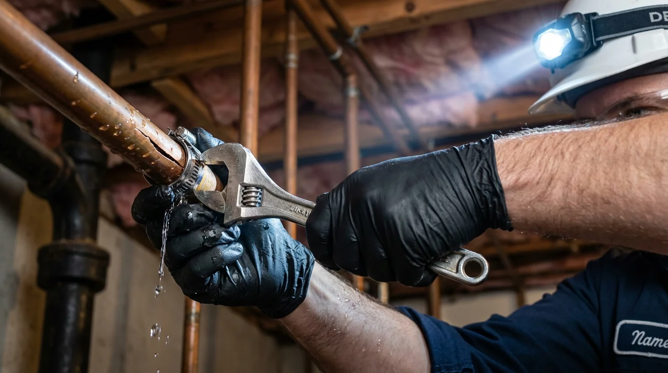 Emergency pipe clamp repair being performed by a Johns Plumbing LLC plumber in Sun Valley